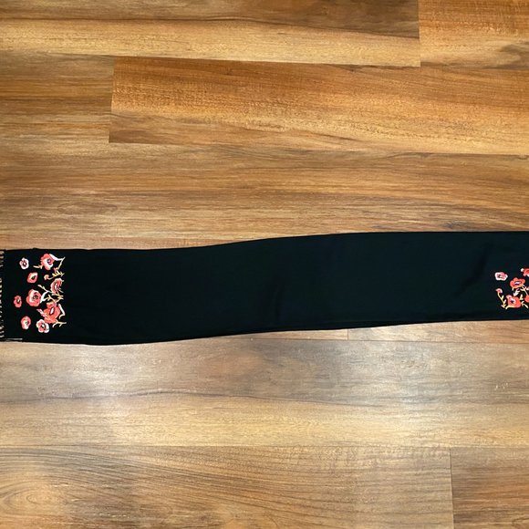 White House Black Market Black Scarf w Floral Detailing and Fringed Ends - Picture 4 of 10